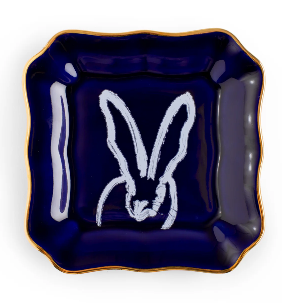 Bunny Portrait Plate with Hand-Painted Gold Rim - Cobalt