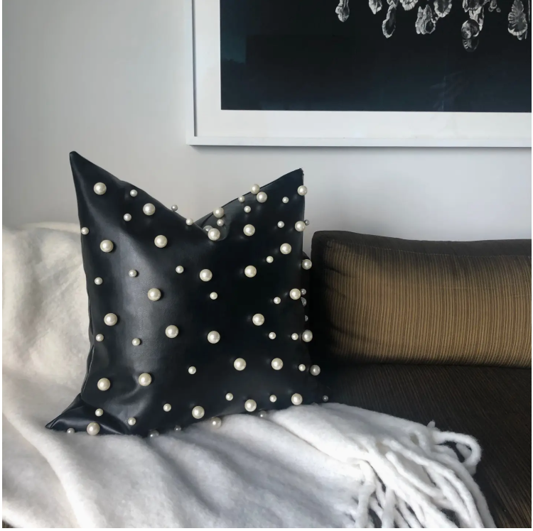 Black Leather and Pearl PIllow