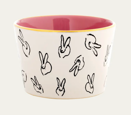 Bunny Bar Bowl in White with Pink Interior by Hunt Slonem