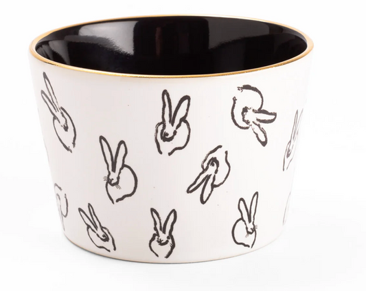 Bunny Bar Bowl with Black Interior & Hand-Painted Gold Rim by Hunt Slonem